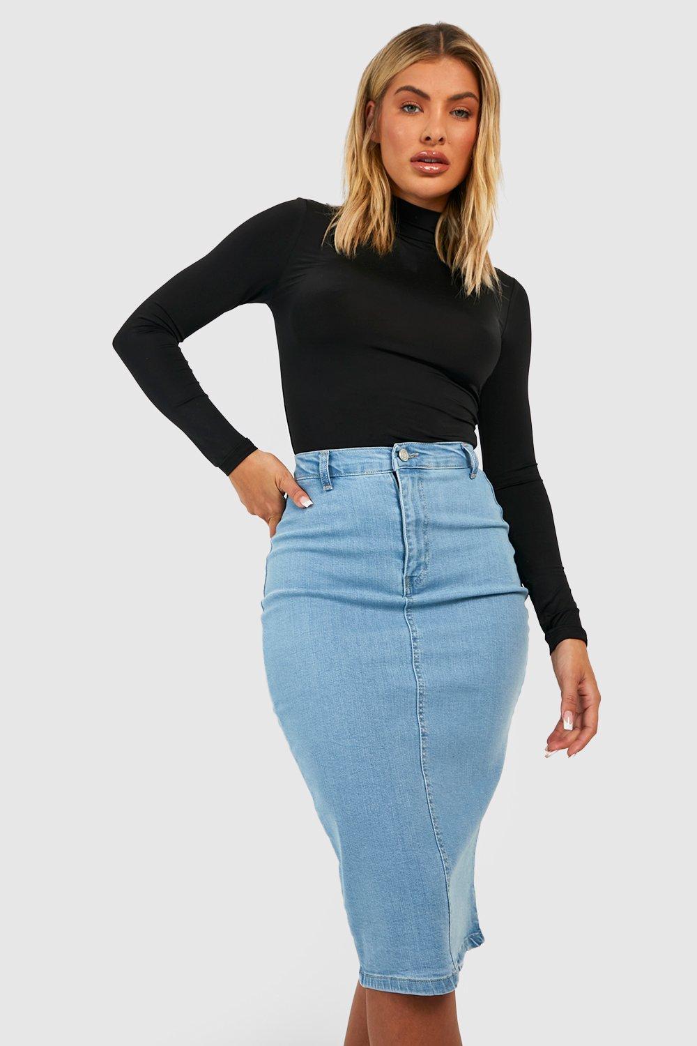 High Waisted Stretch Denim Midi Skirt boohoo